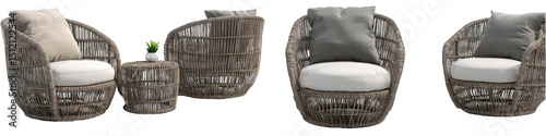 Set of three light taupe wicker armchairs with off-white cushions