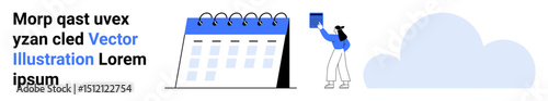 Person placing an event on a spiral-bound calendar next to cloud graphics. Ideal for scheduling, productivity, planning, time management, organization, teamwork, simple landing page