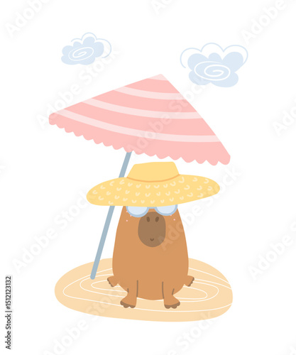 Vector illustration of a cute capybara relaxing on the beach under a colorful umbrella, wearing stylish sunglasses.  