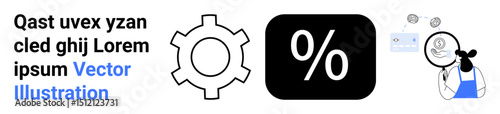 Percentage icon, gear symbol, and woman analyzing information with a magnifying glass. Ideal for finance, analytics, data management, process optimization, problem-solving, calculations simple