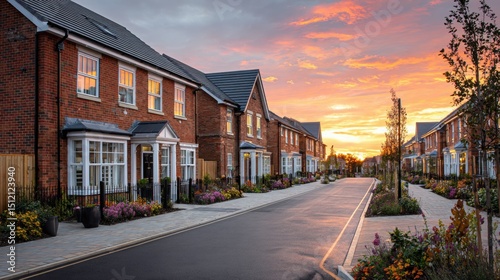 A stunning street view of contemporary, traditional brick houses in the UK at sunset. The scene captures a row of well-maintained new build homes with smart, modern front gardens and light on the side