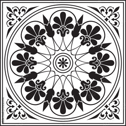 Vector black monochrome classic Greek square ornament. Rectangle of Ancient Greece and Roman Empire. Byzantine painting of walls, floors and ceilings. Decoration of European palaces.
