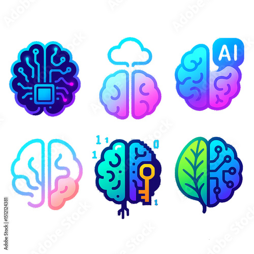 Futuristic AI Brain Icon Set – Neon, Pixel, Nature-Tech Styles (Transparent PNG)