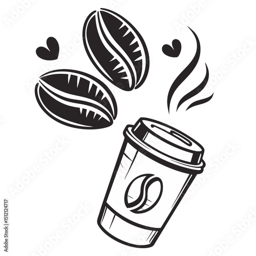 a coffee cup with coffee beans flying out of it and a coffee bean falling out of it's cup
