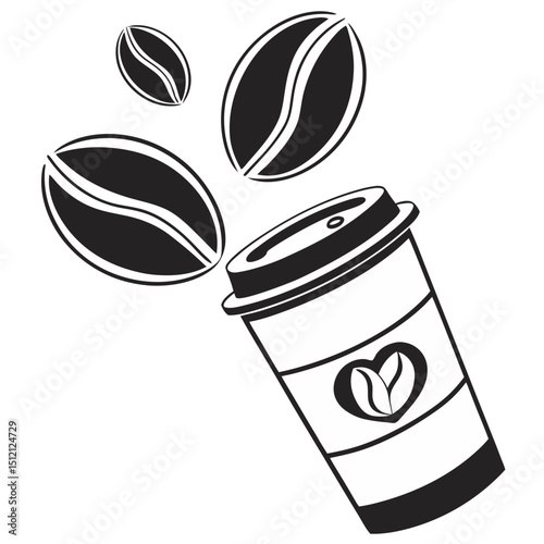 a coffee cup with coffee beans coming out of it and a heart on the side of the cup, with the coffee beans coming out of the cup