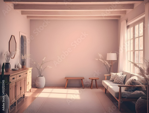 Cozy home interior with wooden furniture on brown background, empty wall mockup in boho decoration, 3d render