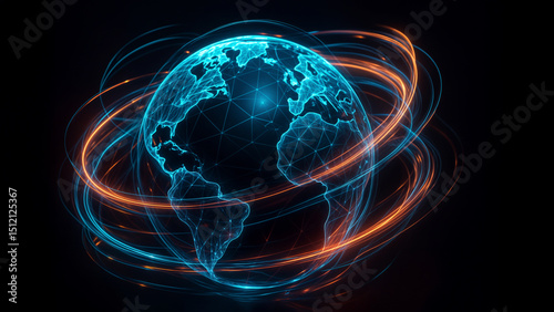 A digital rendering of the Earth with vibrant blue and orange light trails orbiting around it, symbolizing global connectivity and technology.