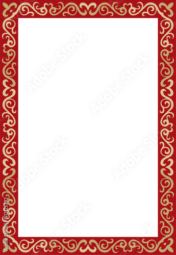 Vector gold with red square Kazakh national ornament. Ethnic pattern of the peoples of the Great Steppe,
