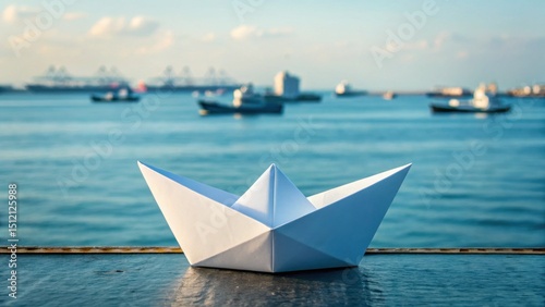 A white paper boat sits on a ledge by the water, with real boats and a harbor blurred in the background.