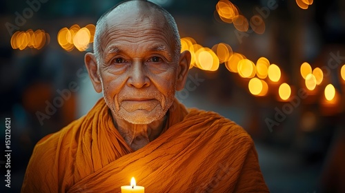 Serene elderly Buddhist monk portrait illuminated by warm candlelight