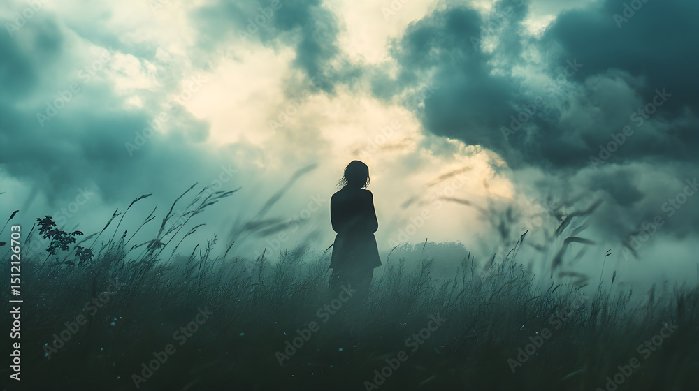 Obraz premium Vast emotional space filled with stormy fields, fading into flickering mist, representing solitude