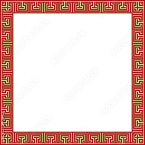Vector gold with red classic Greek square ornament. Rectangle of Ancient Greece and Roman Empire. Byzantine painting of walls, floors and ceilings. Decoration of European palaces.

