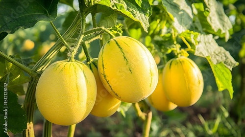 Yellow watermelon tree with a bunch of growing mature Yellow watermelon