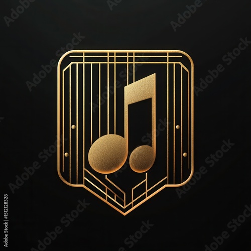 Art Deco style app UI icon of music note, gold lines, elegant geometric shapes, luxury style 