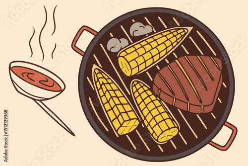 BBQ grill with glowing coals and smoke, overhead view with grilled corn and steak