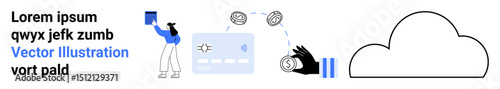 User holding a tablet, connected icons for secure transactions, a credit card, and a cloud symbol. Ideal for technology, cloud computing, finance, digital wallets, data security online payments