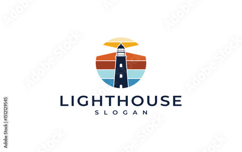 lighthouse sunset logo design vector illustration