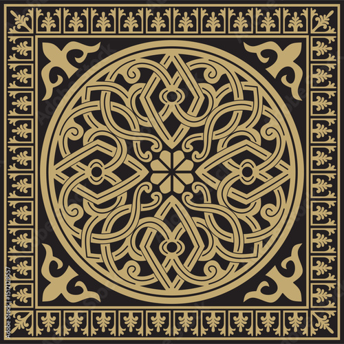 Vector gold and black square classic byzantine ornament. Rectangle, border, Ancient Greece, Eastern Roman Empire frame. Decoration of the Russian Orthodox Church
