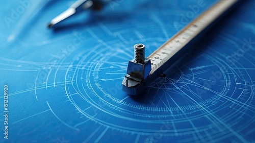 Metal drafting tools on a blueprint. photo