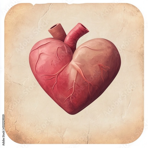 Organic biodesign app UI icon of heart for health tracking, natural textures, earthy tones 