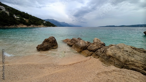 Fototapeta Naklejka Na Ścianę i Meble -  Travel vacation Destination in Mimice, Croatia with Pristine Beach, Natural Rock Formations and Turquoise Sea, Scenic Seaside View, Serene Adriatic Coastline and Hidden Beach