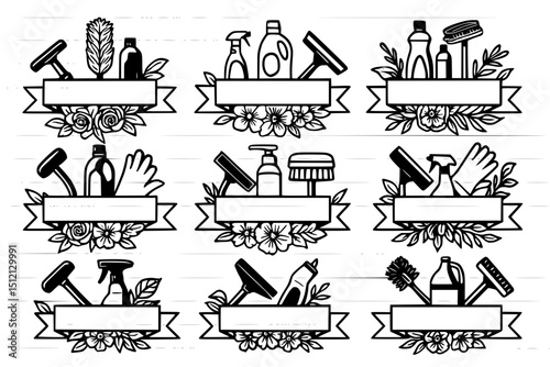 Black and White Cleaning Supplies with Floral Banner Design Set