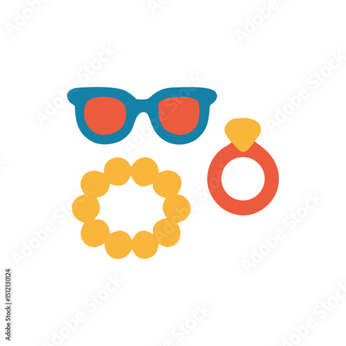 Accessory collection featuring sunglasses a ring and a necklace.