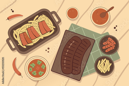 Outdoor BBQ night scene, string lights hanging, cozy atmosphere with grilled food