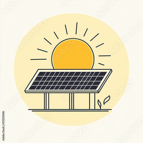 solar energy eco icon, minimal line sun and solar panel, yellow tones, clean vector graphic