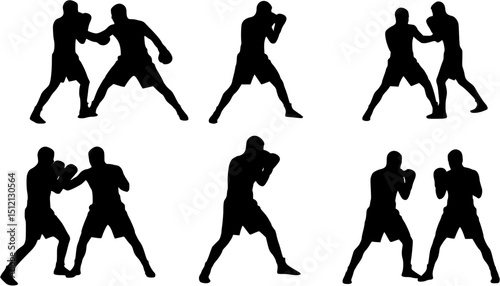 Set of silhouettes of boxer fighting
