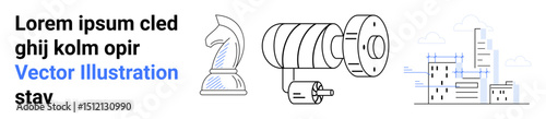 Chess knight for strategy, motor and coil for engineering prowess, skyline for urban growth. Ideal for strategy, innovation, engineering, planning, architecture, business ideas simple landing page