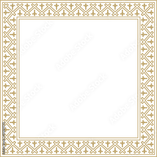Vector square european gold ornament. Rectangular pattern, circle, ring of the Middle Ages. Revival border. Decorations of palaces and churches.
