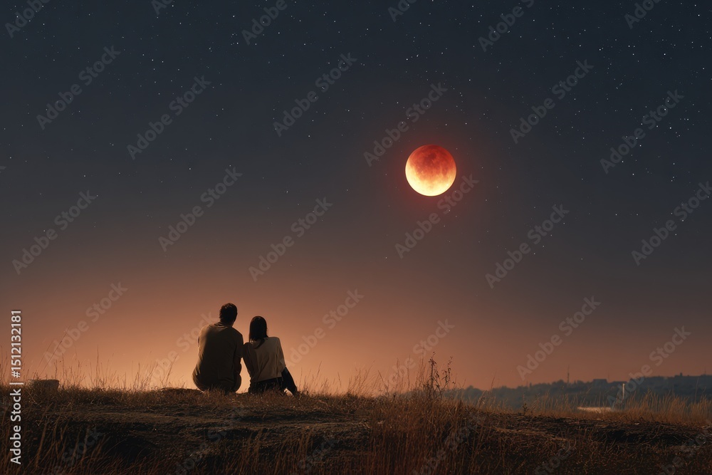 Fototapeta premium a couple sitting side by side on a hilltop under a starry sky, watching a total lunar eclipse