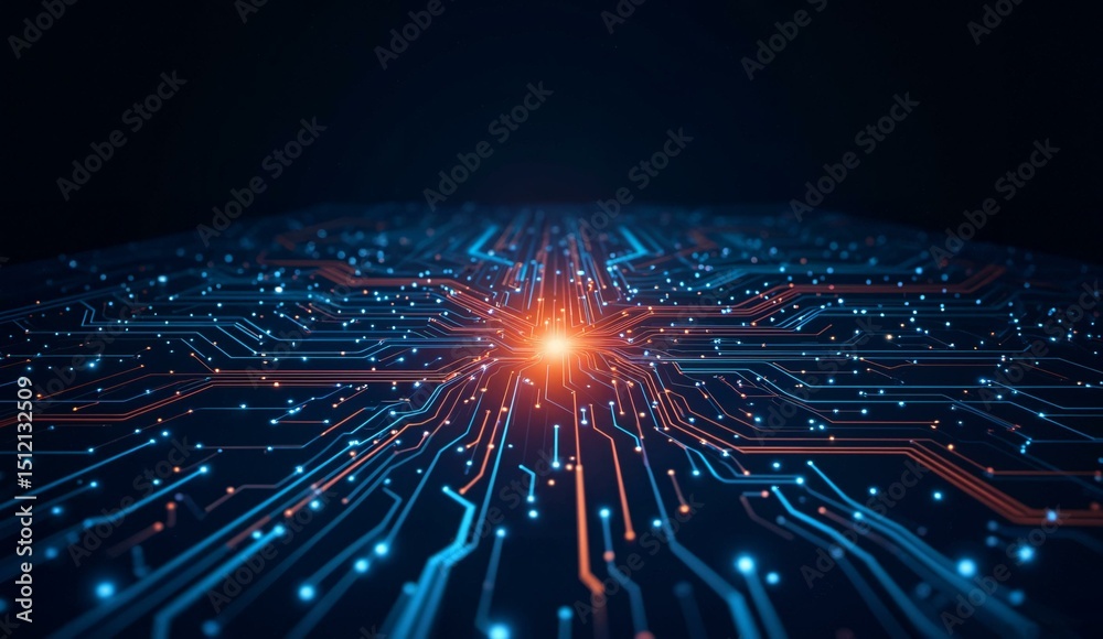 Obraz premium Abstract digital circuit with glowing pathways and central light source