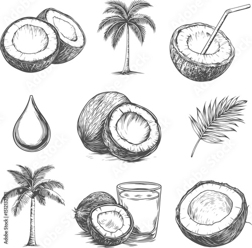 Set illustrations of coconut isolated on transparent background. Vector graphics