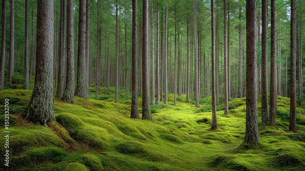 Obraz premium Tranquil forest walk lush green woodland nature photography serene environment ground-level perspective peaceful concept