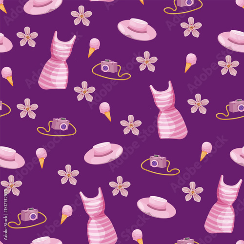 Bright summer vector seamless pattern with pink elements on a lilac background. Beach dress, women's hat, camera, ice cream cone and flower.