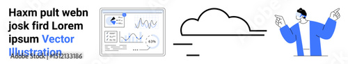 Data dashboard displays analytics linked to a cloud icon, complemented by a professional pointing. Ideal for data analysis, cloud computing, teamwork, technology, business, presentations, simple