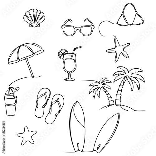 Summer Sketch Collection. Sunglasses Palms Swimsuit Drinks Travel Vector Illustrations.