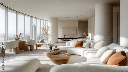 Bright living room featuring a curved sofa, natural wood tables, and floor-to-ceiling windows with a cityscape view, all in soft, neutral tones.