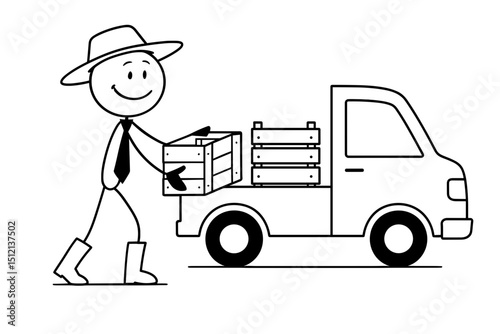 Stick figure farmer loading crates onto truck in black and white