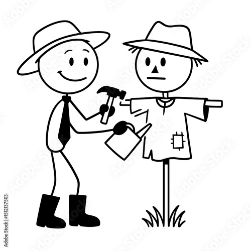Stick figure farmer building scarecrow in black and white