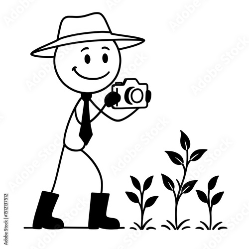 Stick figure farmer photographing plants in black and white
