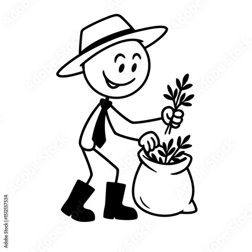 Stick figure farmer harvesting herbs into sack in black and white