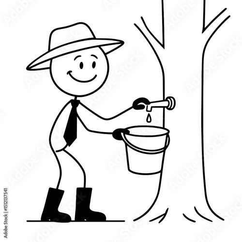 Stick figure farmer collecting tree sap in black and white