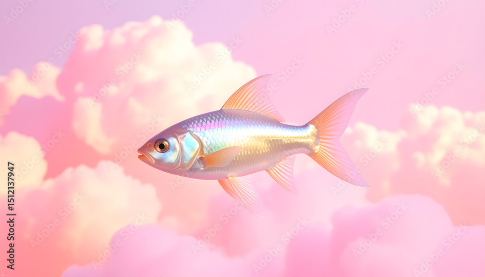 Fototapeta premium a, little, silver, gold, pink, color, colored, fish, infront, of, clouds, sky, abstract, cute, isolated, food, white, carp, animal, fresh, fishing, raw, seafood, fin, nature, bream, sea, tail, trout, 