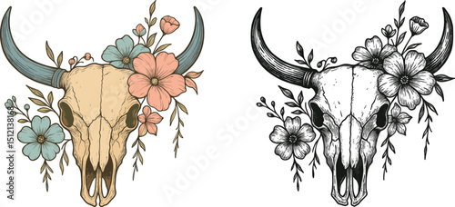 Set of cow skulls with floral design, colorful bull skull with flower suitable for t-shirt, wall mate, comic book, halloween, valentine's cowgirl and cowboy lover shirt on white background.