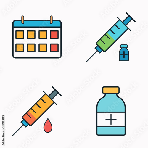 Healthcare equipment and immunization symbols including colorful syringes and medicine vials in vector design
