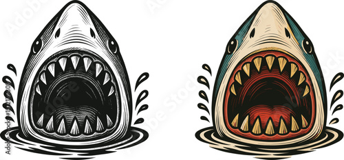 set of stunning shark head vectors, aggressive shark head graphic art for fishing or diving club, sketch sea  typography apparel, ocean adventure team illustration on white background. 