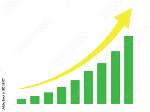 Illustrative green bar chart with yellow arrow depicting upward growth and success